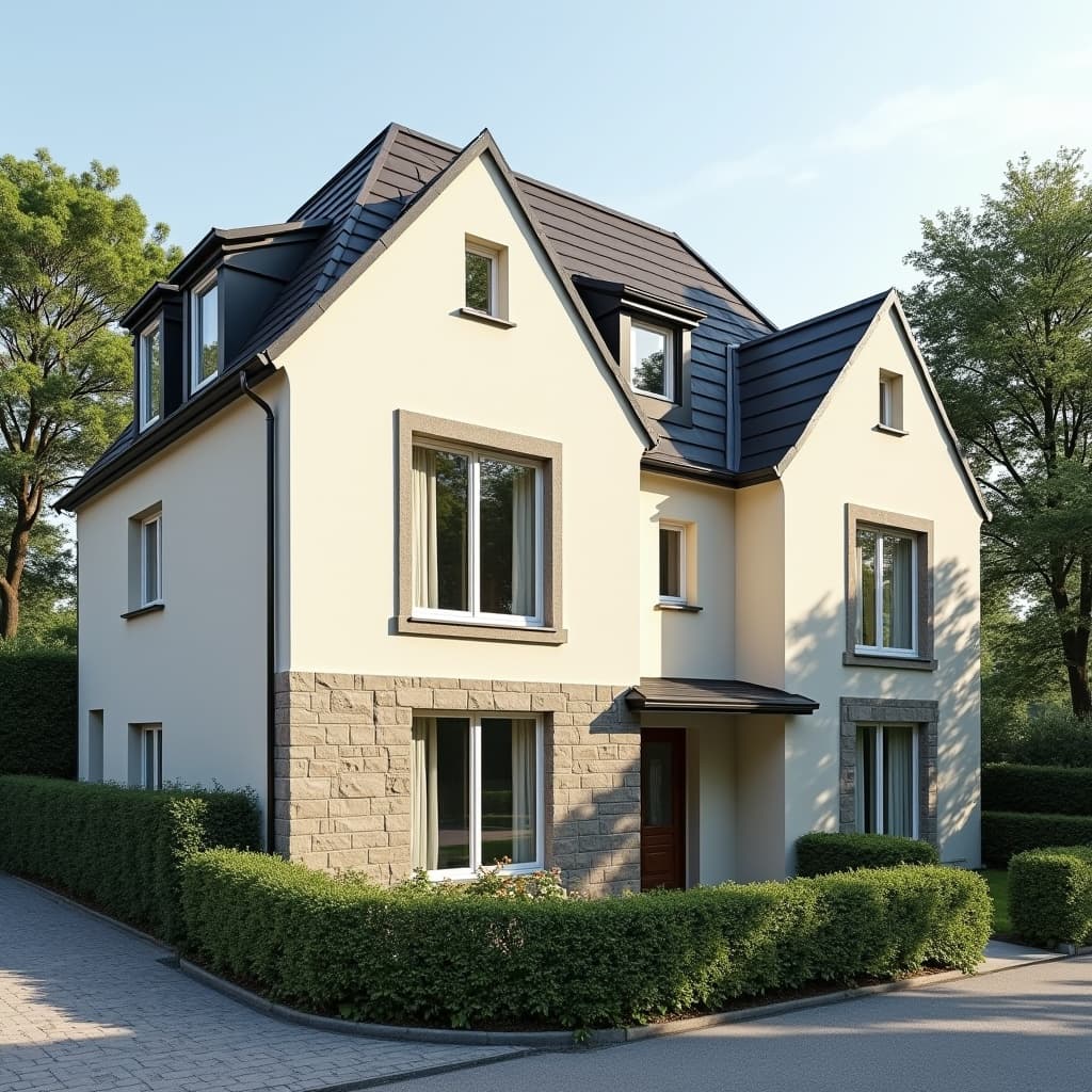 Elegante moderne deutsche Stadtvilla mit hellem Putz, Natursteinsockel und Walmdach